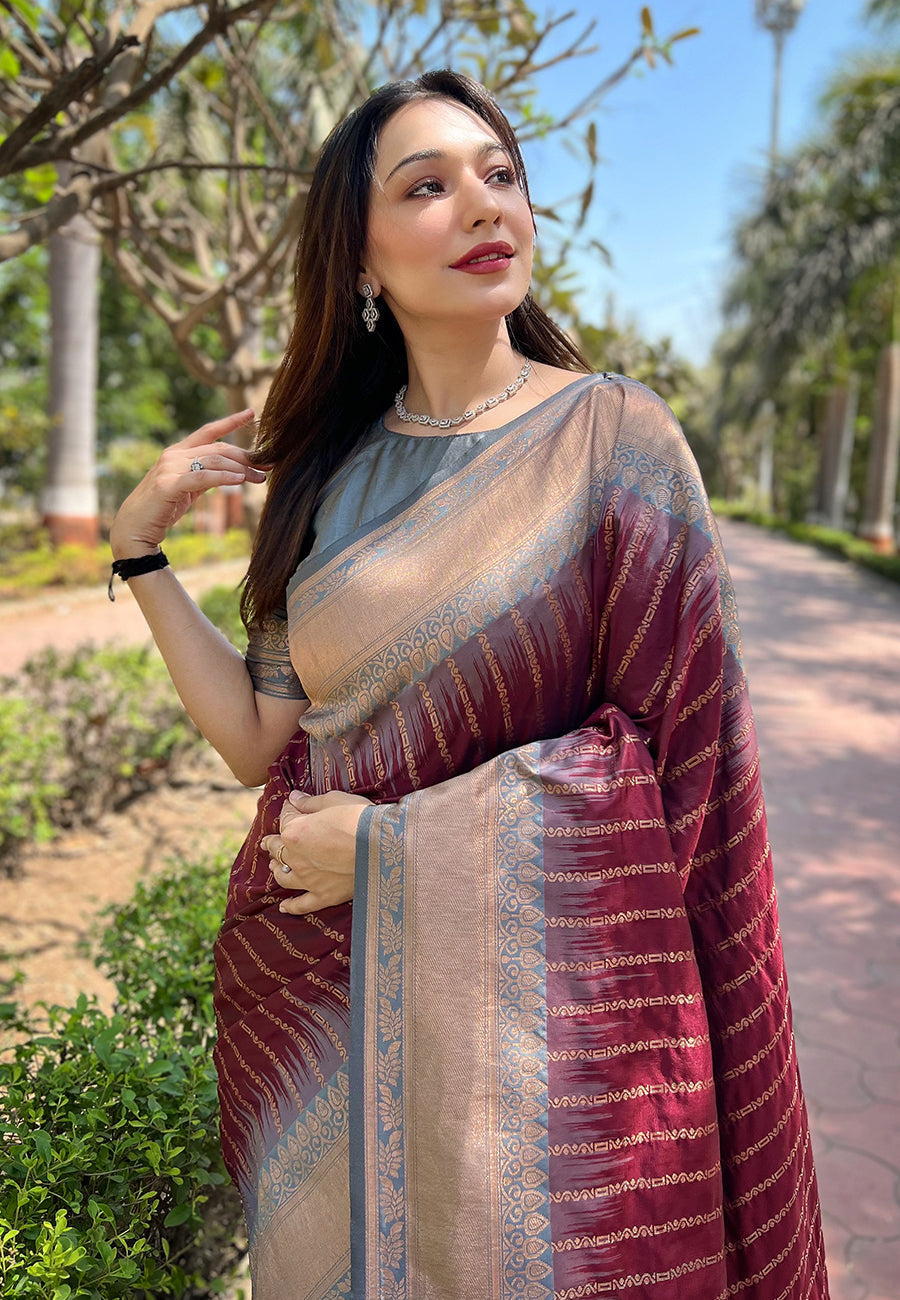 Brown soft silk floral border contrast zari woven saree