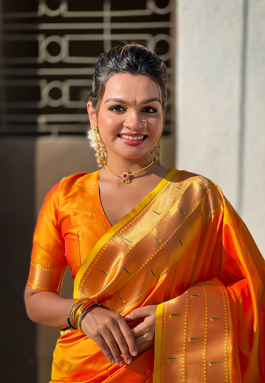 Orange zari woven gudi padwa special paithani silk saree
