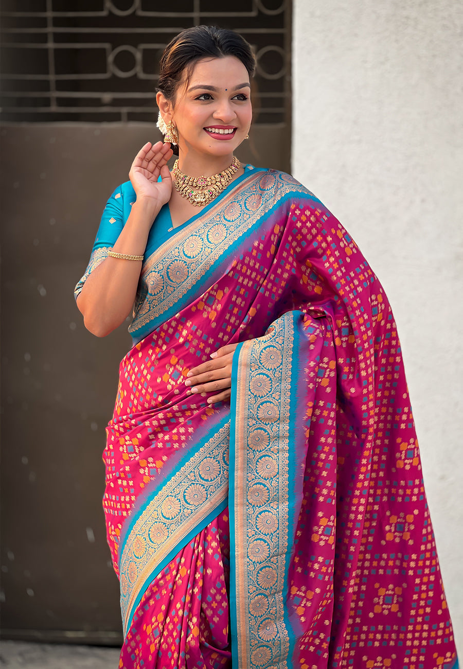 Magenta soft silk zari woven premium patola saree with contrast weaves