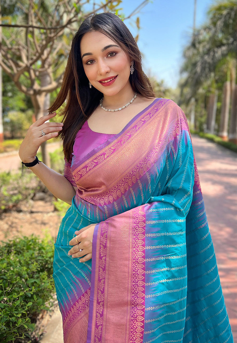 Light blue soft silk floral border contrast zari woven saree