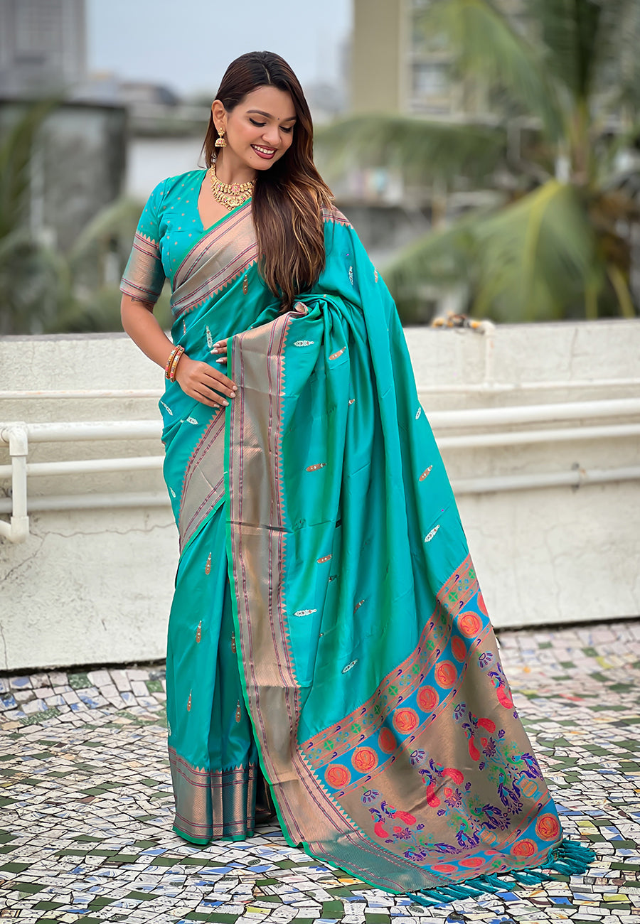 Aqua Blue Dual Zari Woven Yeola Traditional Paithani Silk Saree