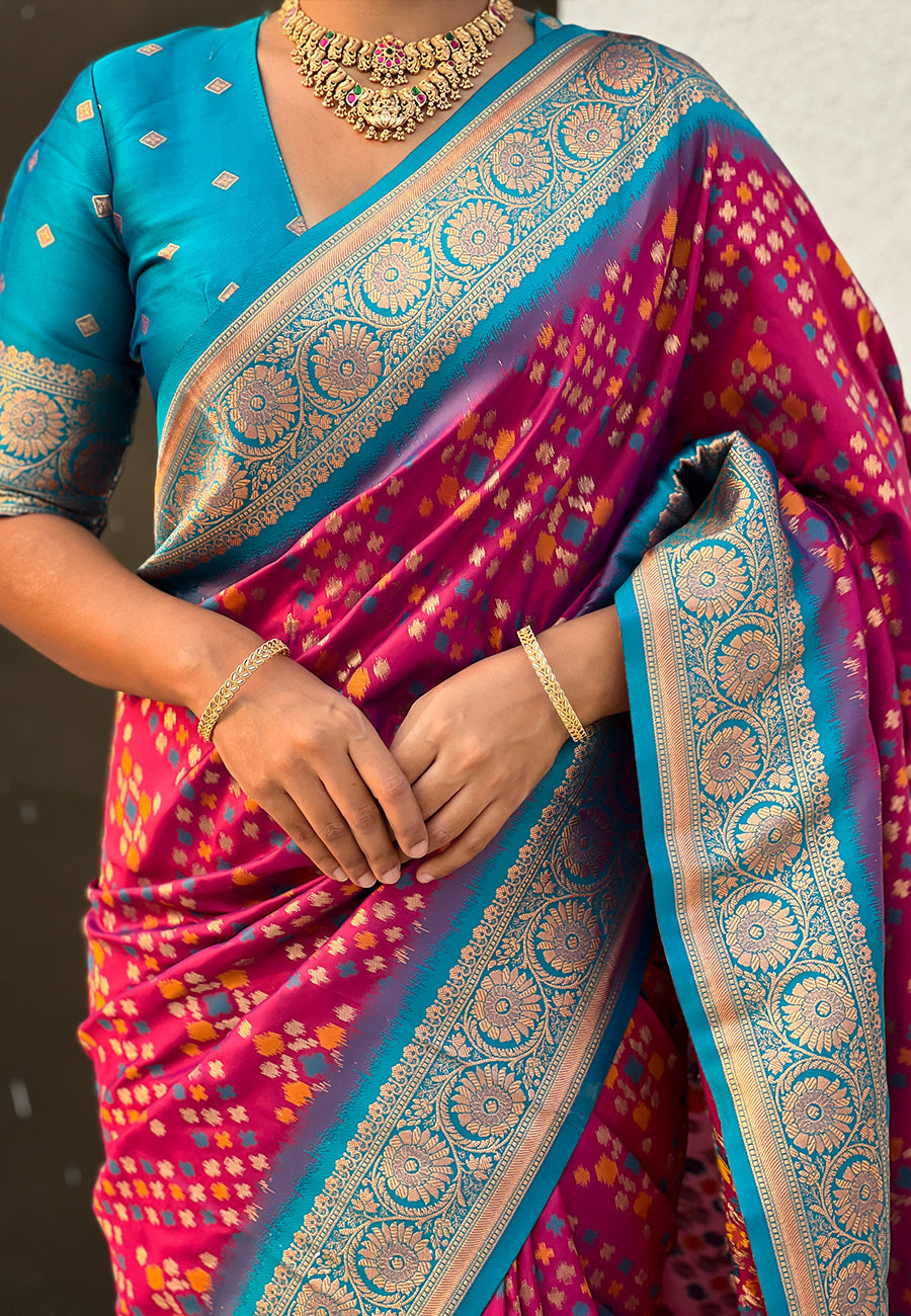 Magenta soft silk zari woven premium patola saree with contrast weaves