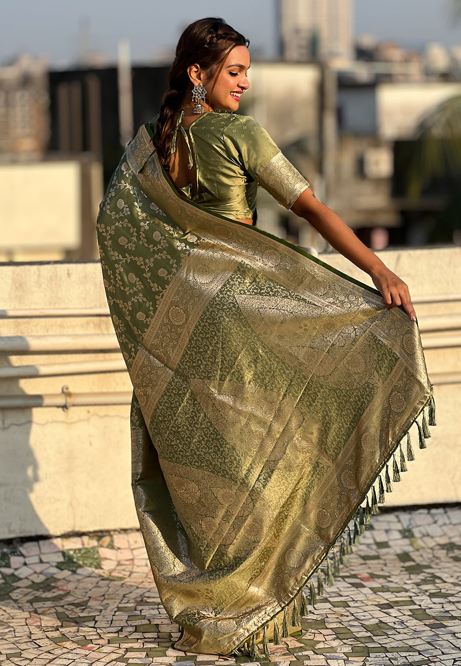 Green banarasi jaal satin silk pink zari woven saree