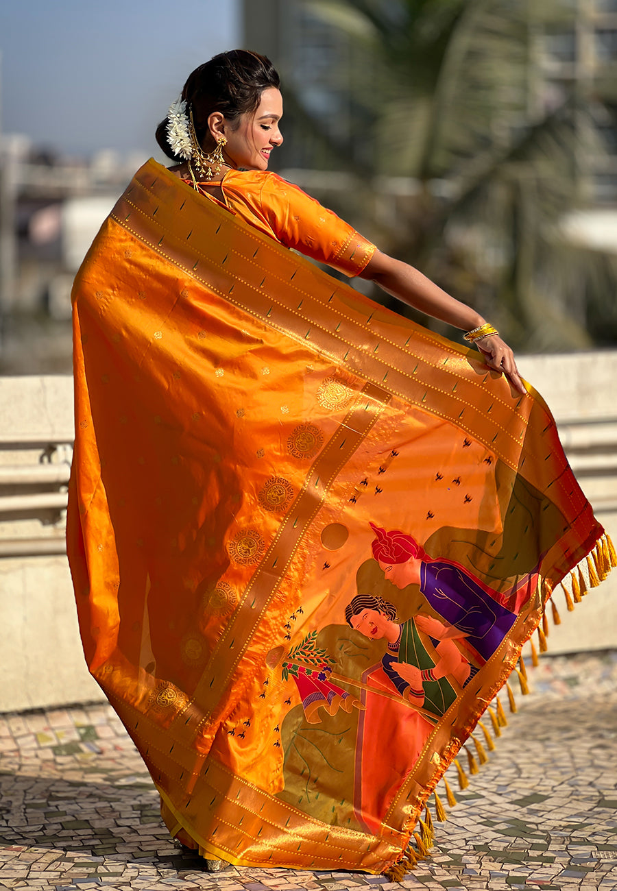 Orange zari woven gudi padwa special paithani silk saree