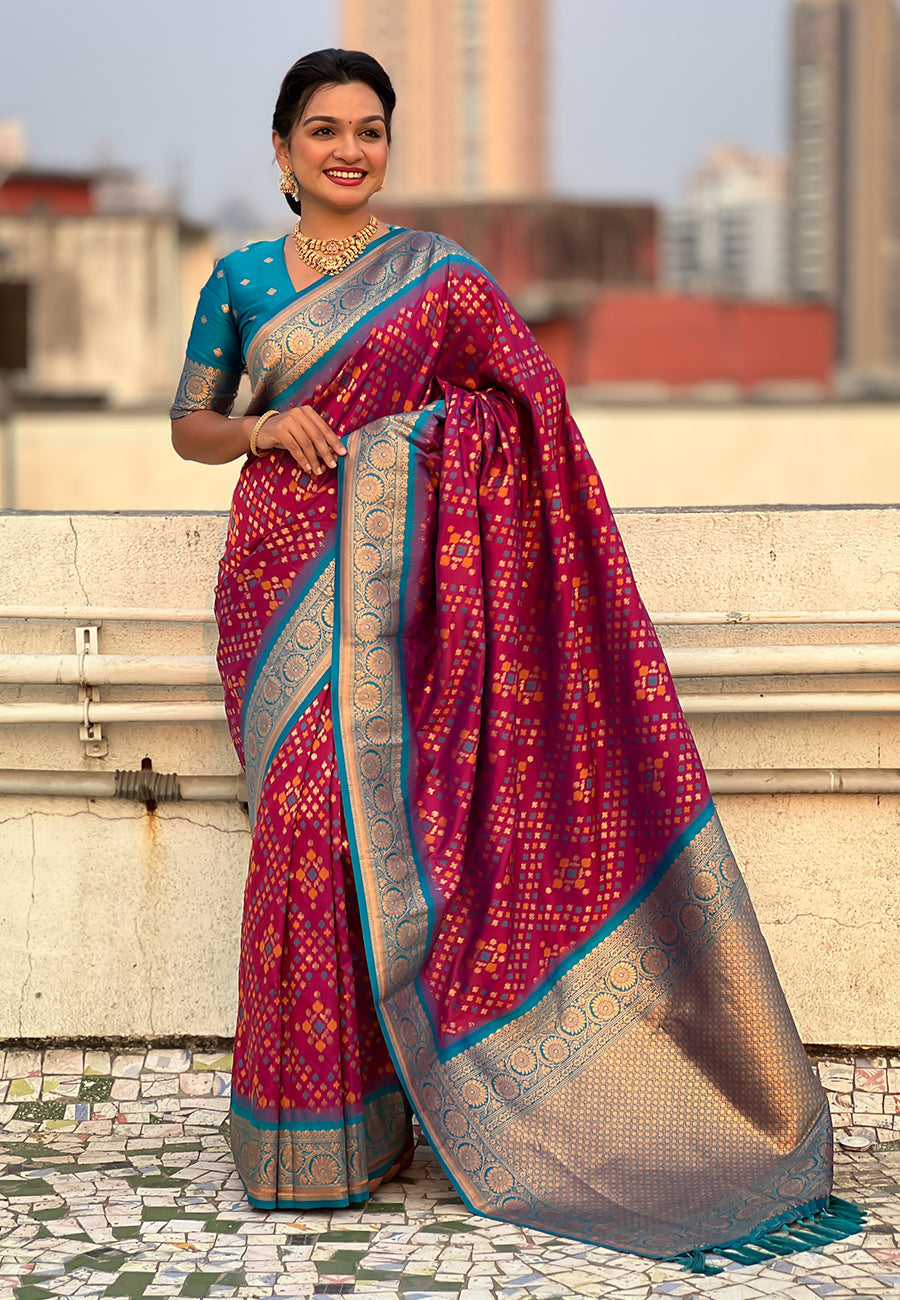 Magenta soft silk zari woven premium patola saree with contrast weaves