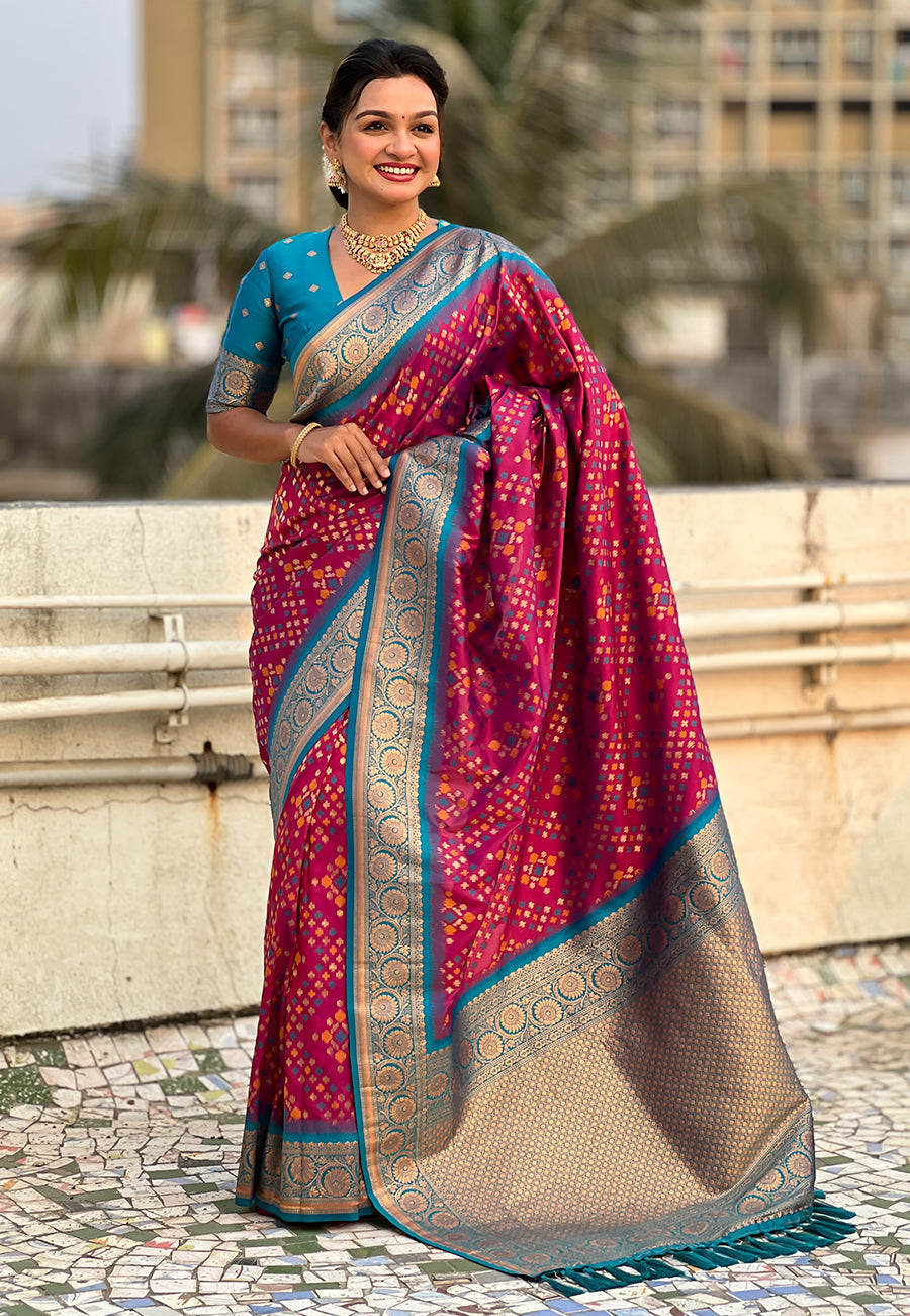 Magenta soft silk zari woven premium patola saree with contrast weaves