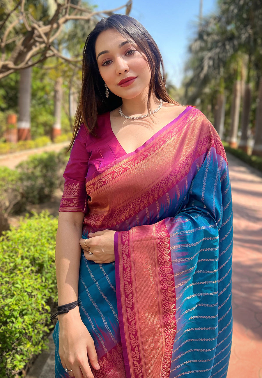 Blue soft silk floral border contrast zari woven saree