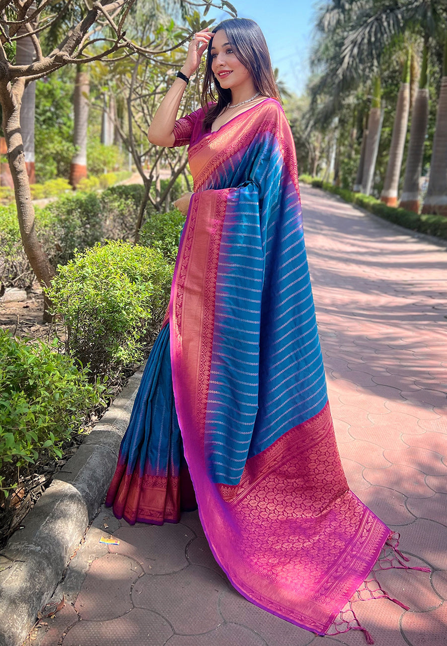 Blue soft silk floral border contrast zari woven saree