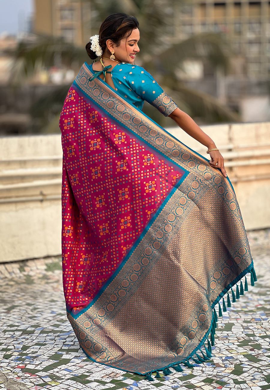 Magenta soft silk zari woven premium patola saree with contrast weaves