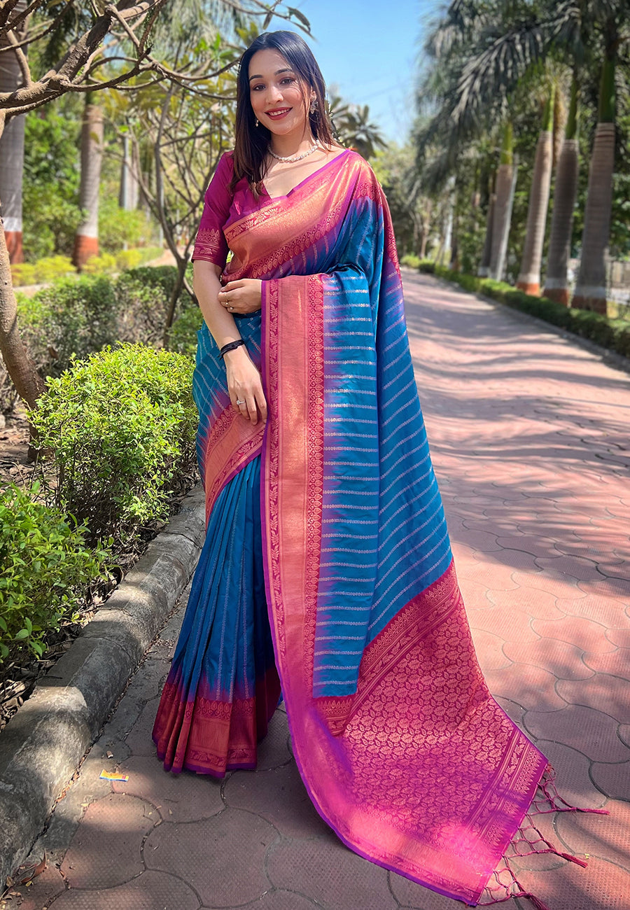 Blue soft silk floral border contrast zari woven saree