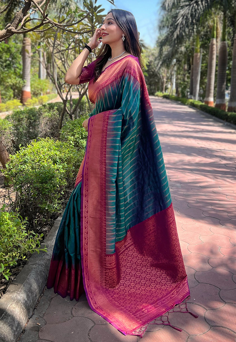 Bottle green soft silk floral border contrast zari woven saree