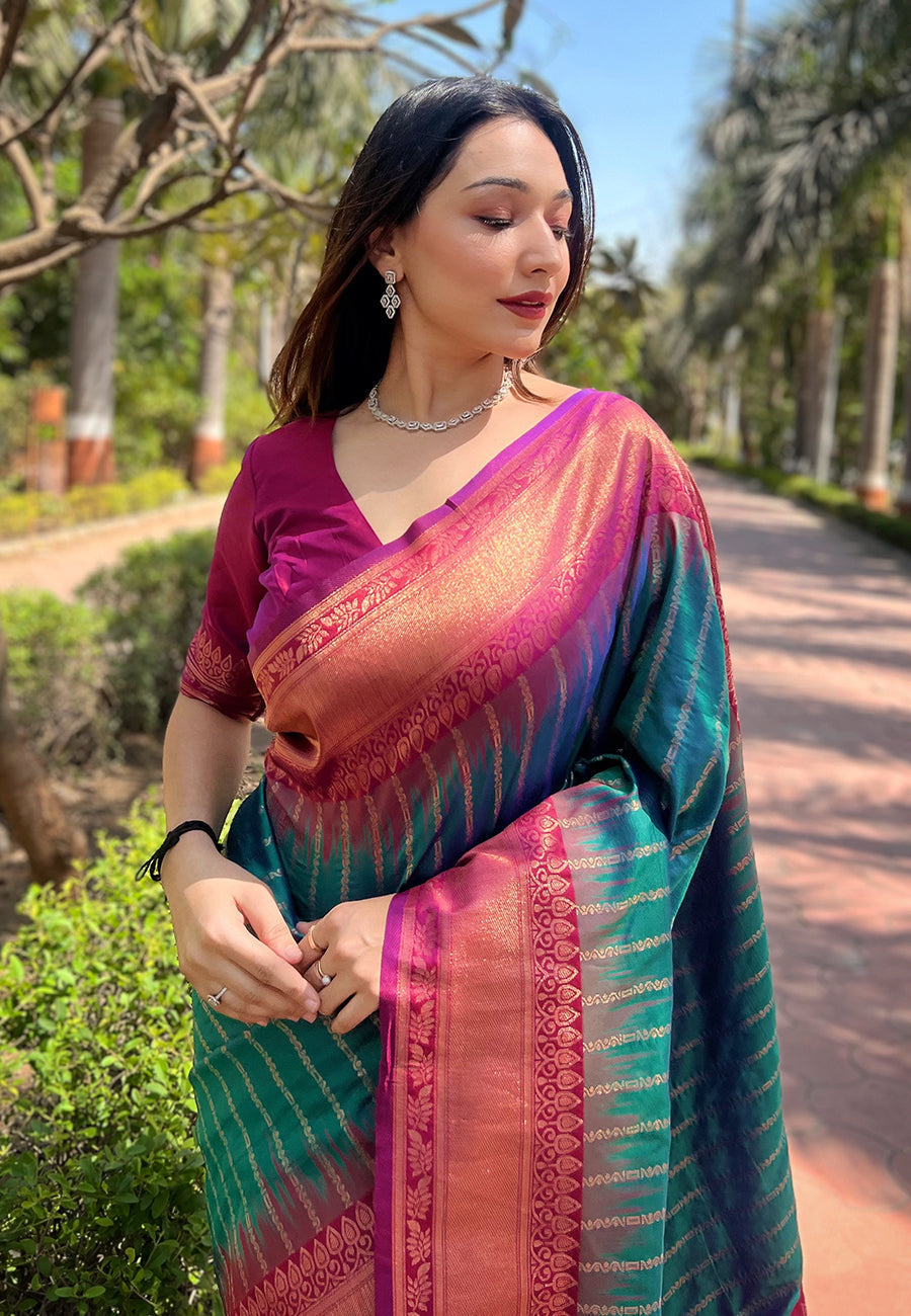 Bottle green soft silk floral border contrast zari woven saree