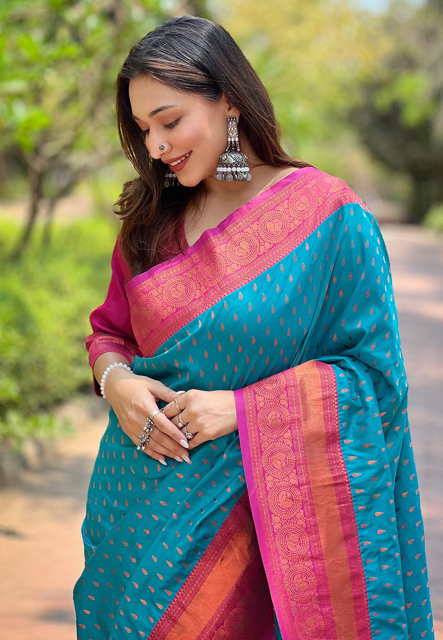 Blue contrast 1000 butti zari woven paithani silk saree