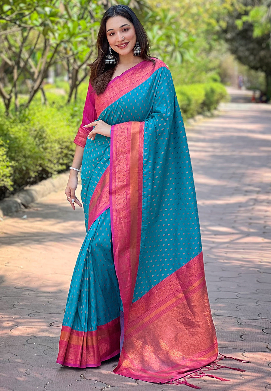 Blue contrast 1000 butti zari woven paithani silk saree