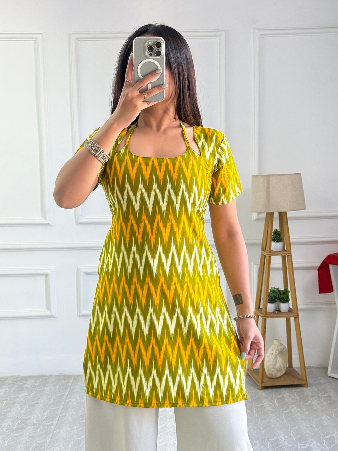 Olive green chevron print cambric cotton kurti with corset back mameraa