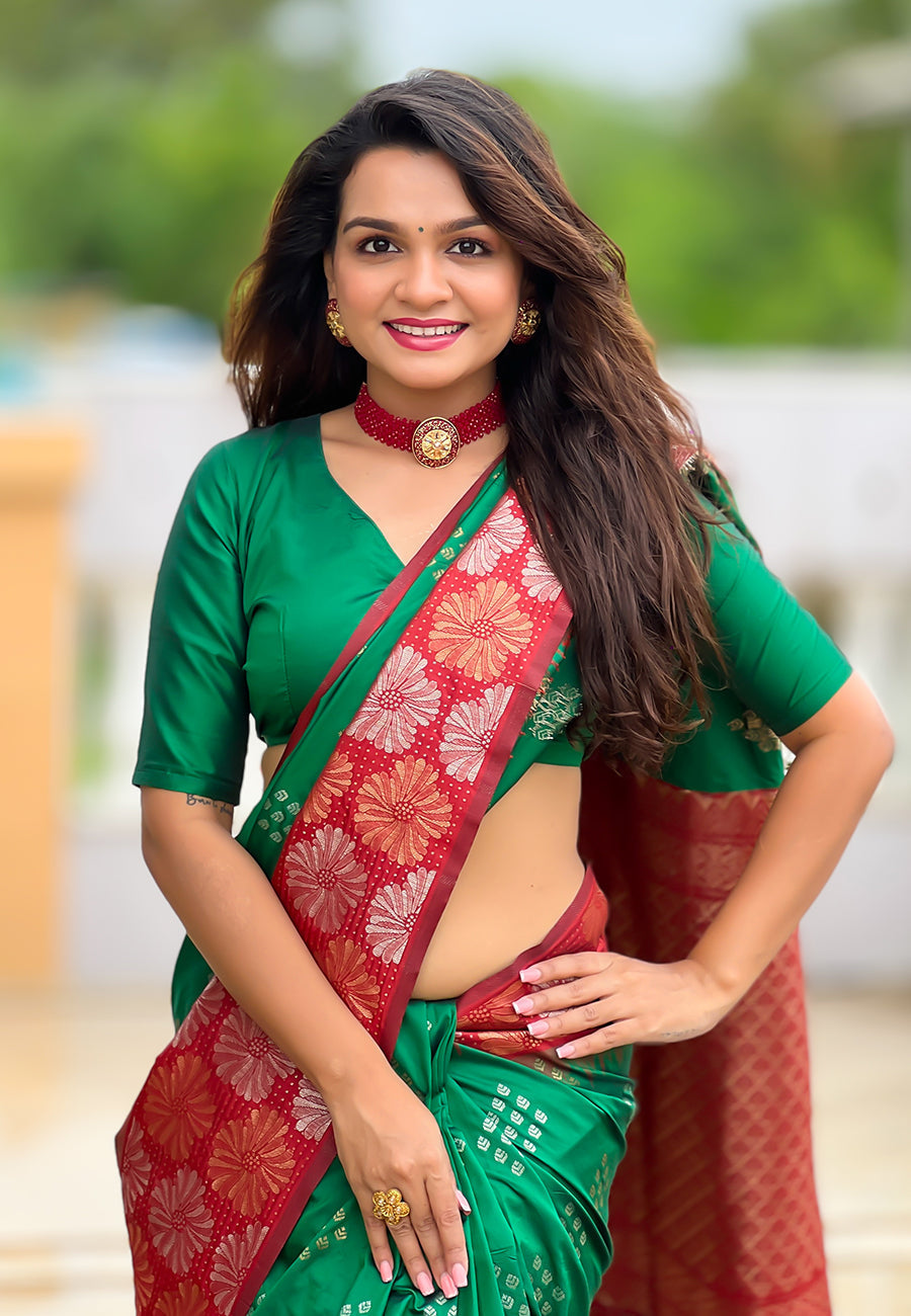 Green with red soft silk floral border contrast zari woven saree
