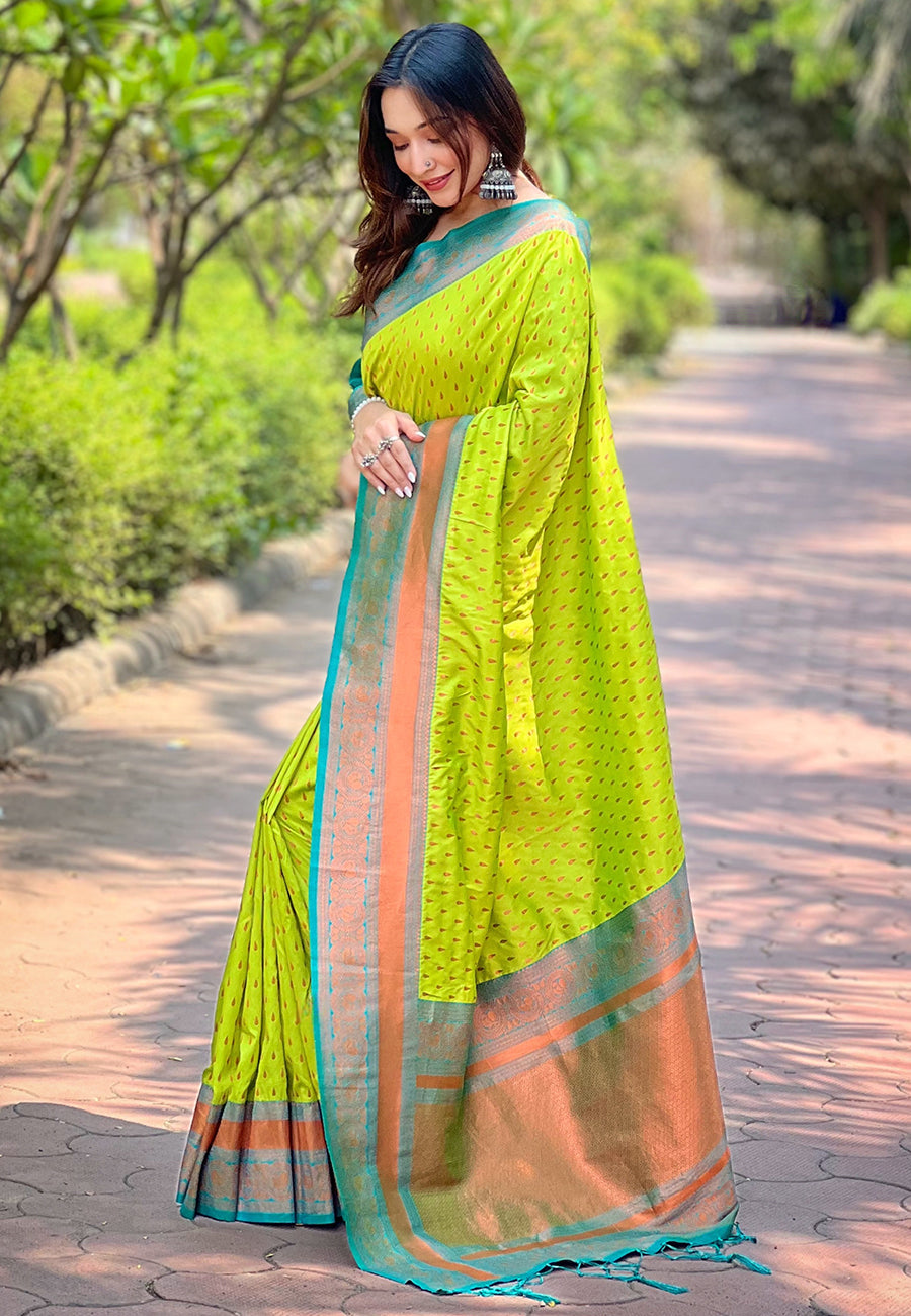 Parrot green contrast 1000 butti zari woven paithani silk saree