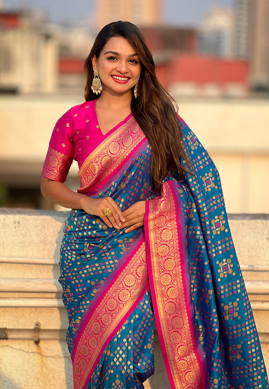 Blue soft silk zari woven premium patola saree with contrast weaves
