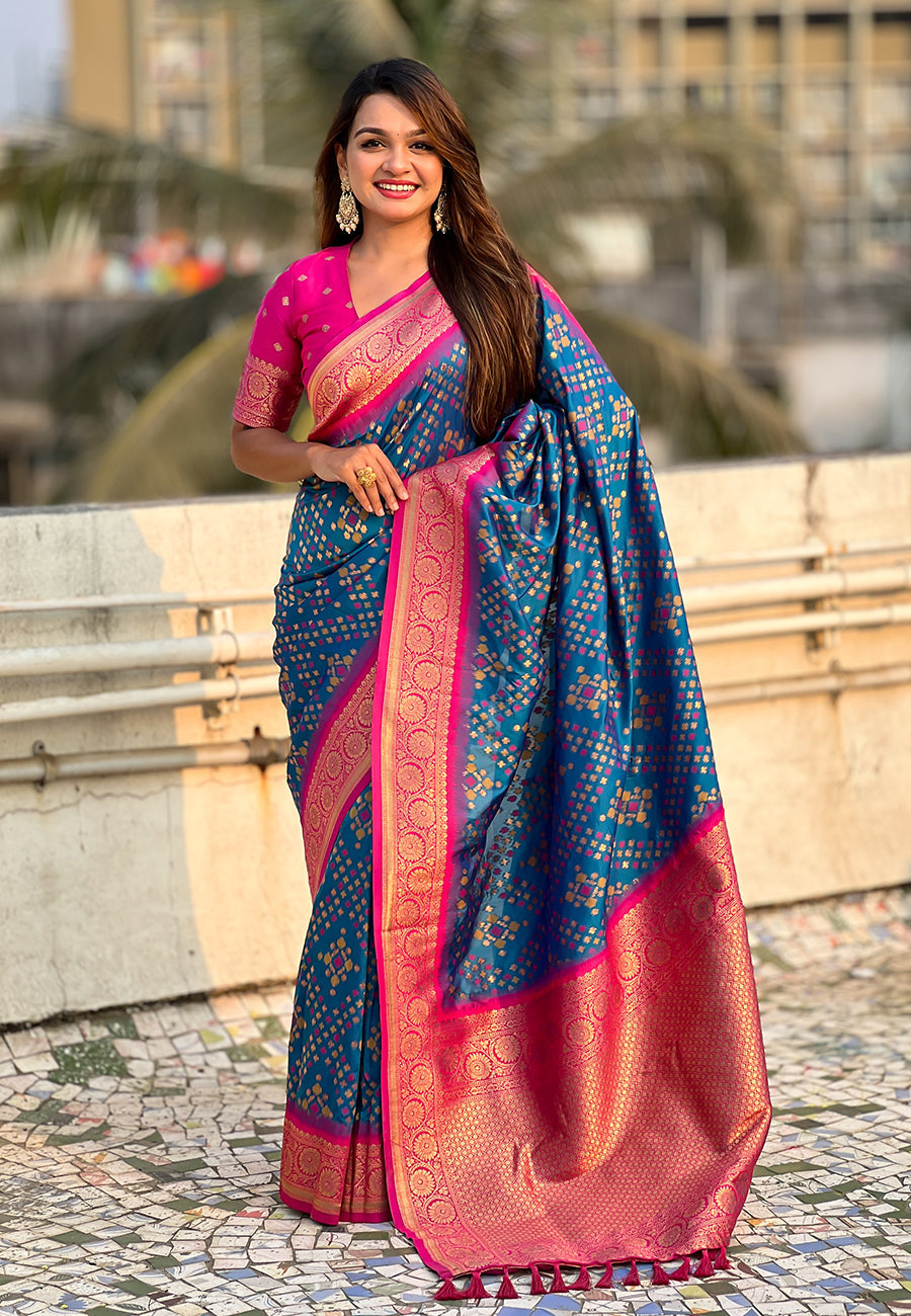 Blue soft silk zari woven premium patola saree with contrast weaves