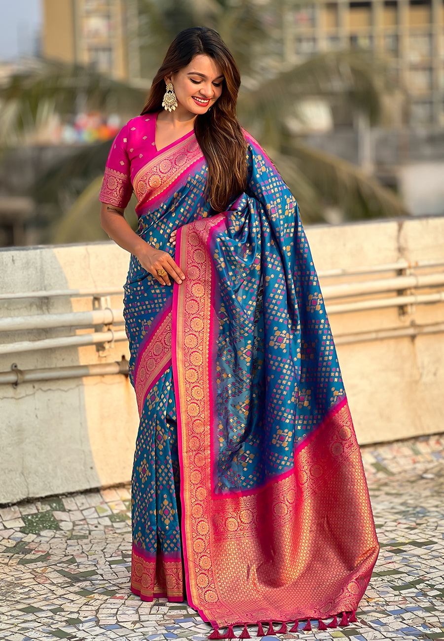 Blue soft silk zari woven premium patola saree with contrast weaves