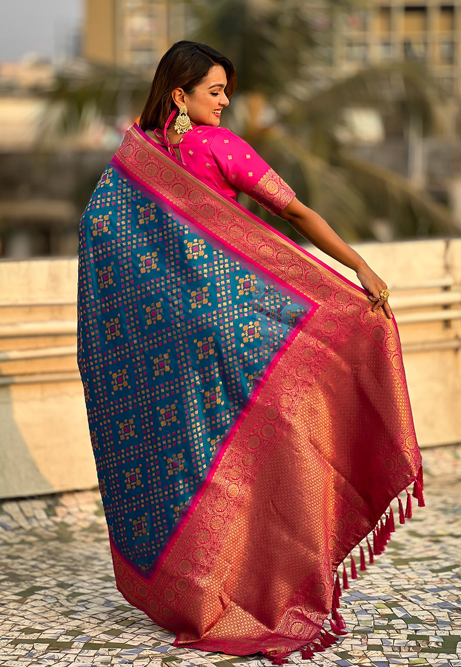 Blue soft silk zari woven premium patola saree with contrast weaves
