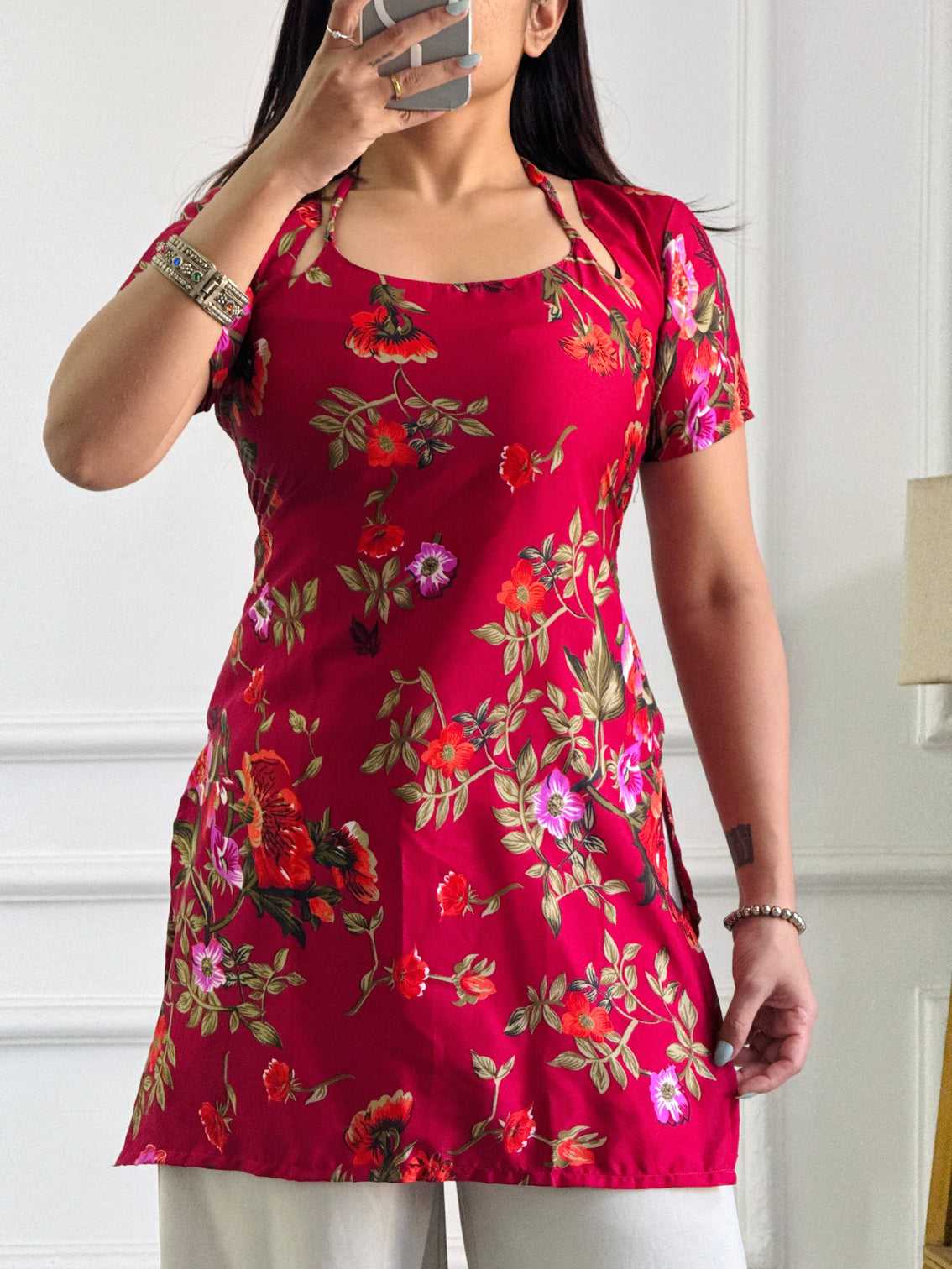 Rich maroon floral multi wear tunic adjustable fit