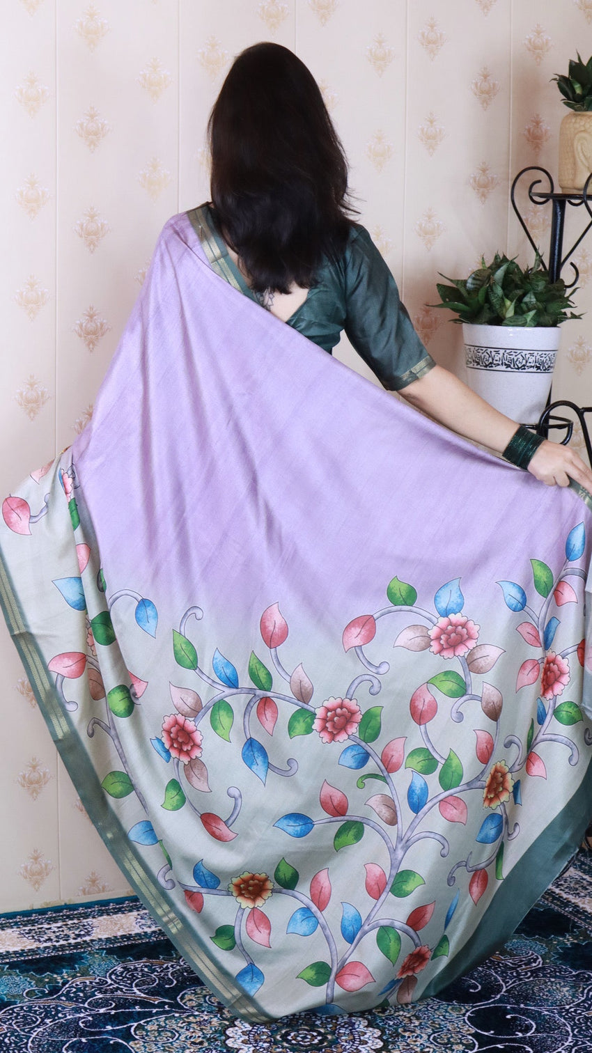 Lavender soft tussar silk kalamkari unique printed zari woven saree