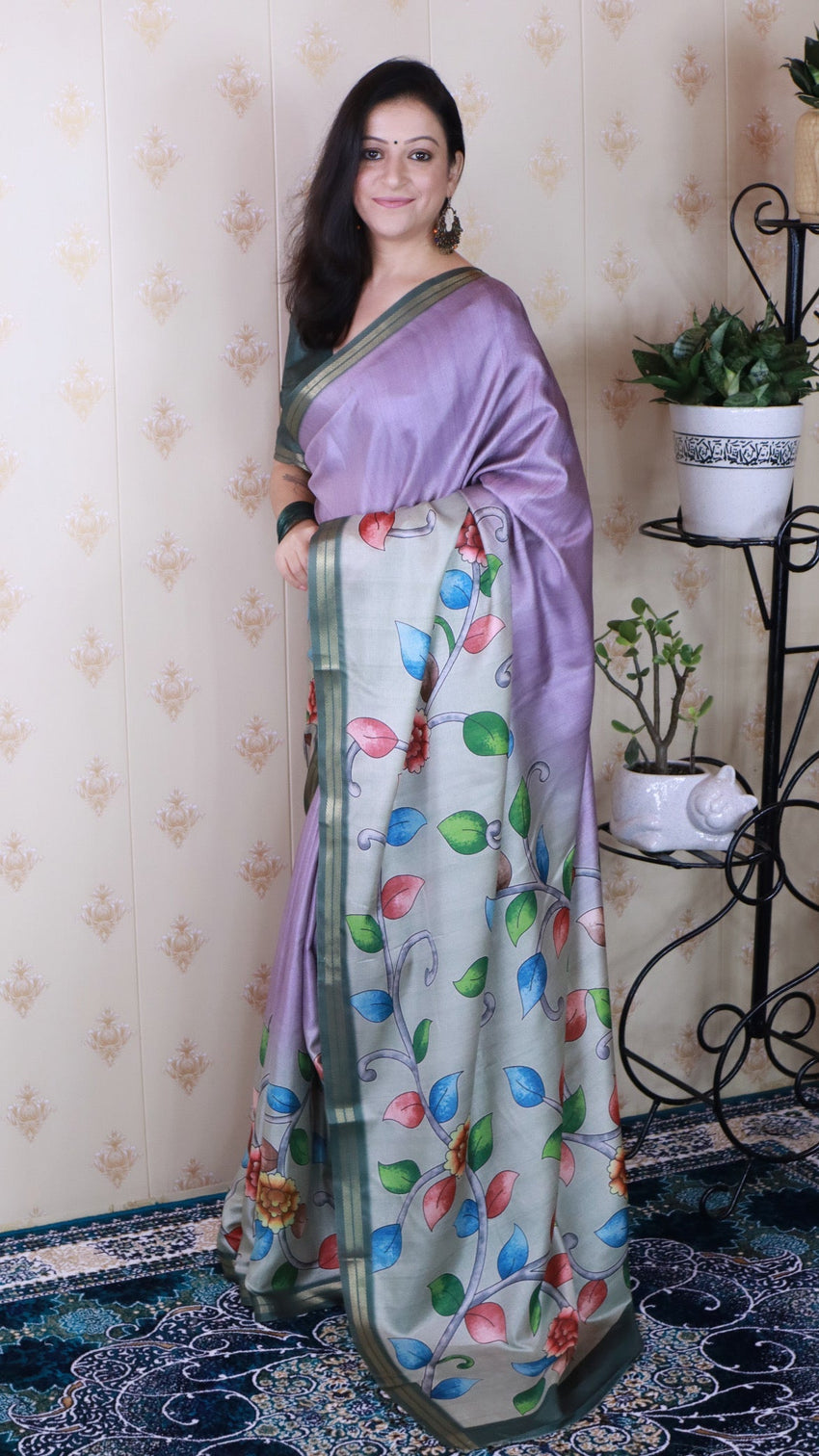 Lavender soft tussar silk kalamkari unique printed zari woven saree