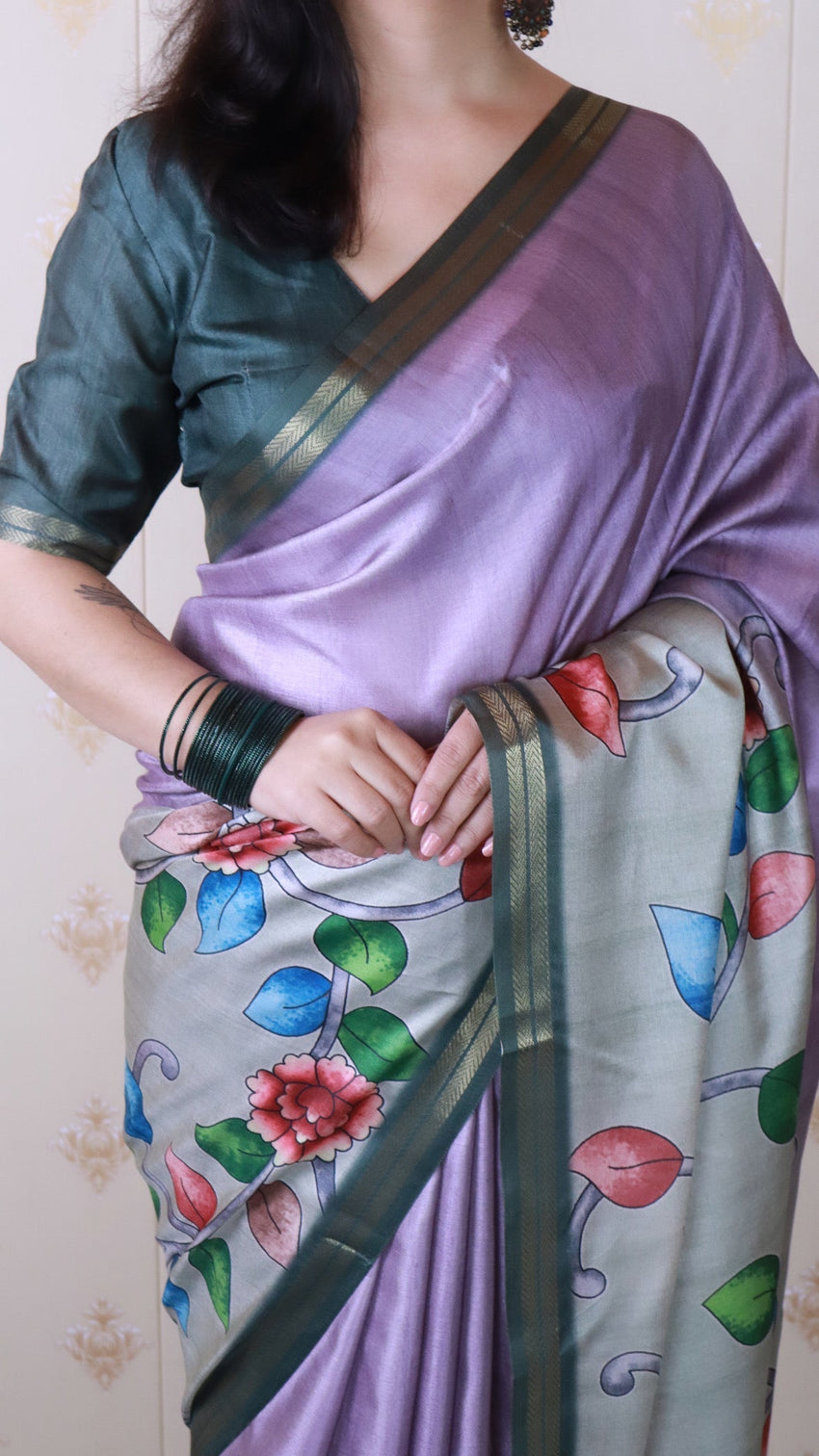 Lavender soft tussar silk kalamkari unique printed zari woven saree