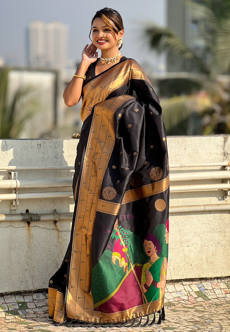 Black zari woven gudi padwa special paithani silk saree