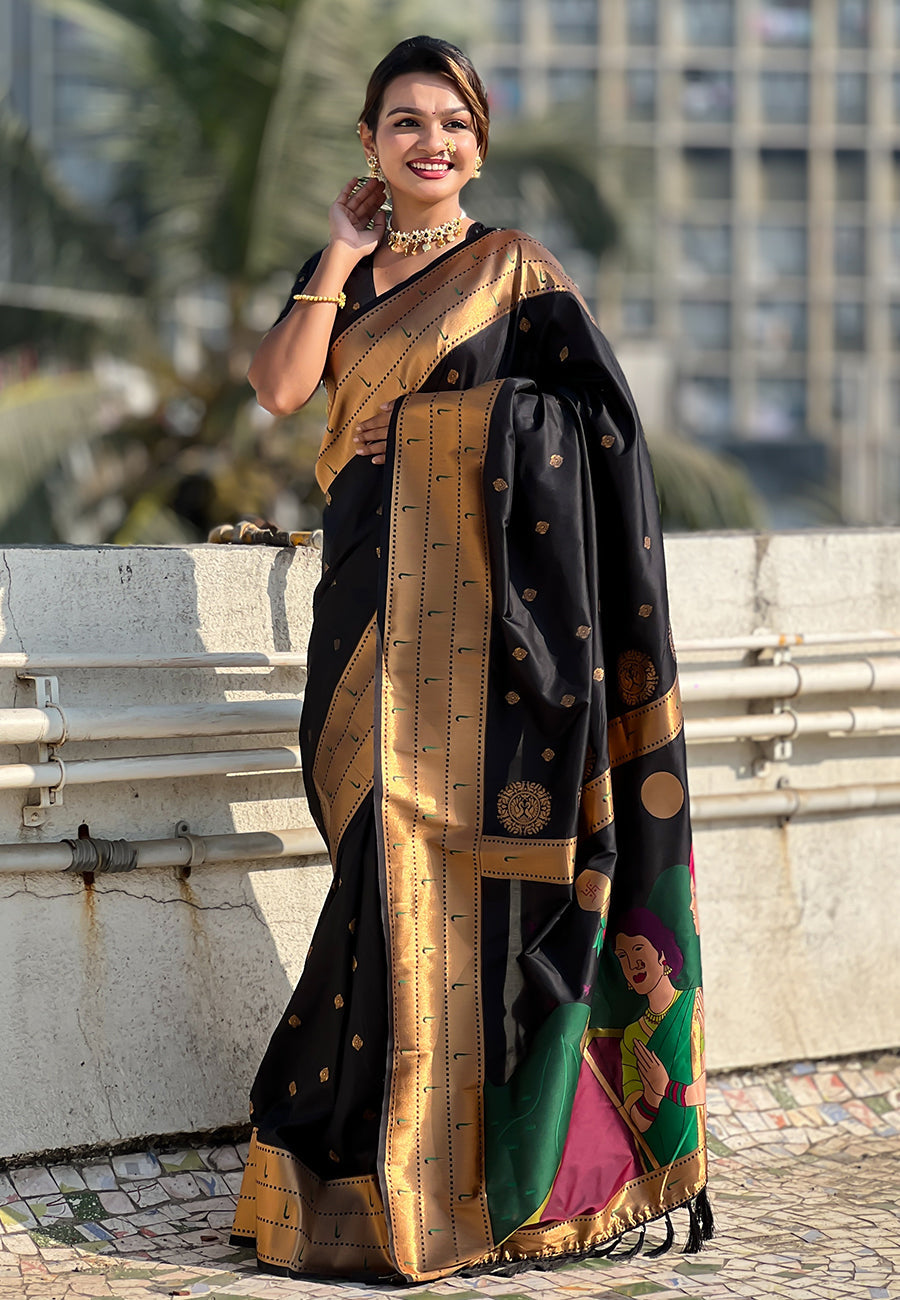 Black zari woven gudi padwa special paithani silk saree