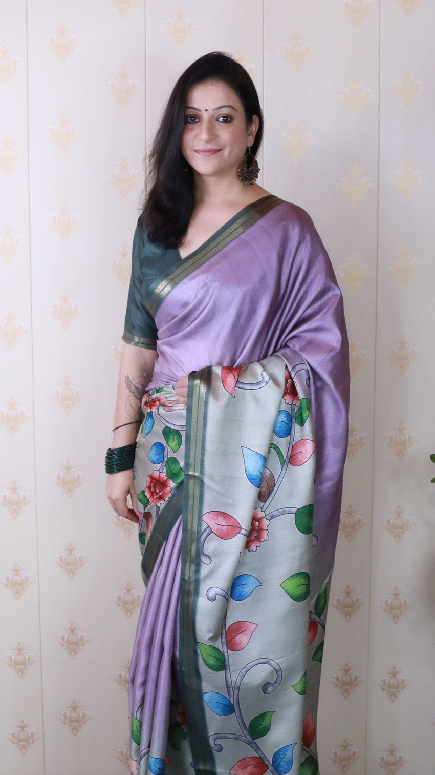 Lavender soft tussar silk kalamkari unique printed zari woven saree