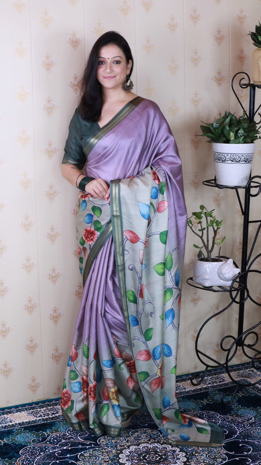 Lavender soft tussar silk kalamkari unique printed zari woven saree