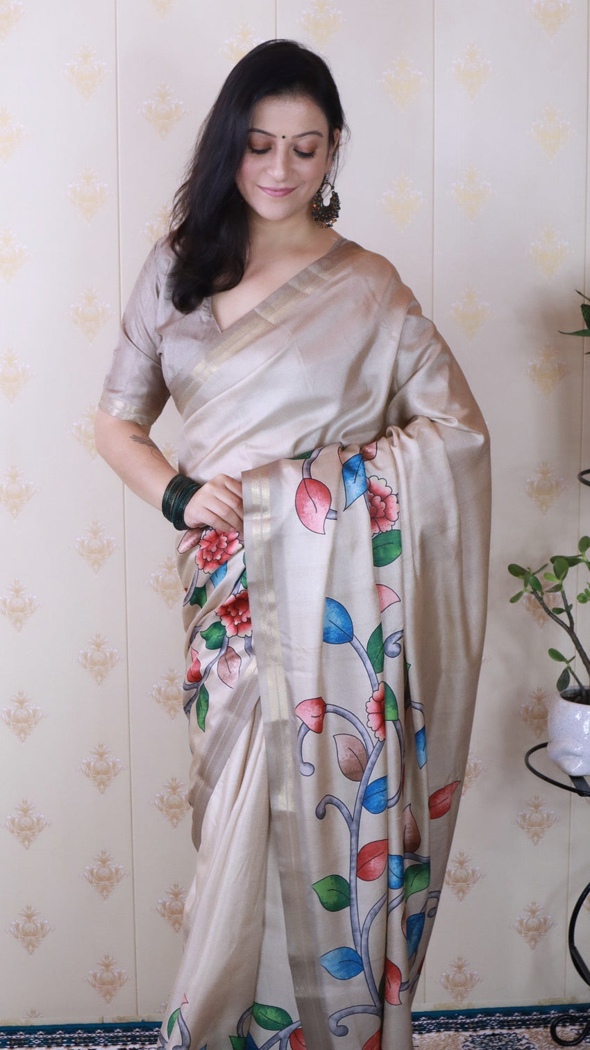 Cream soft tussar silk kalamkari unique printed zari woven saree