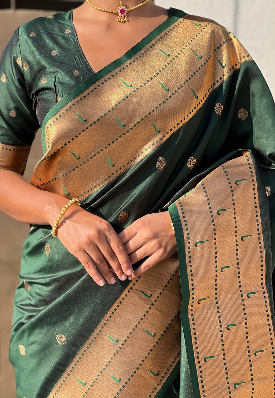 Bottle green zari woven gudi padwa special paithani silk saree