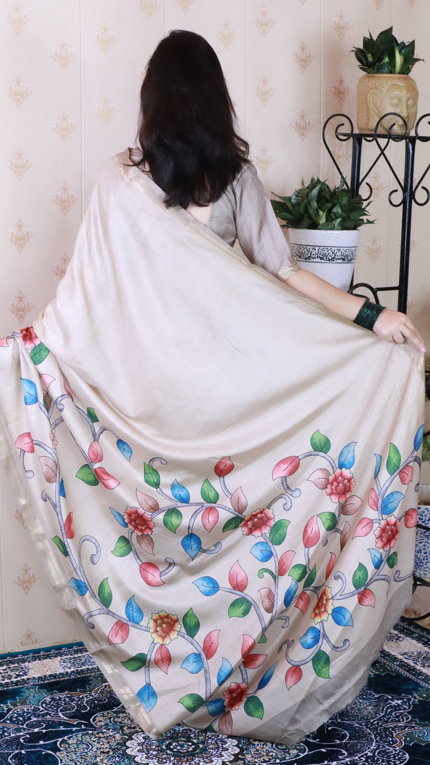 Cream soft tussar silk kalamkari unique printed zari woven saree