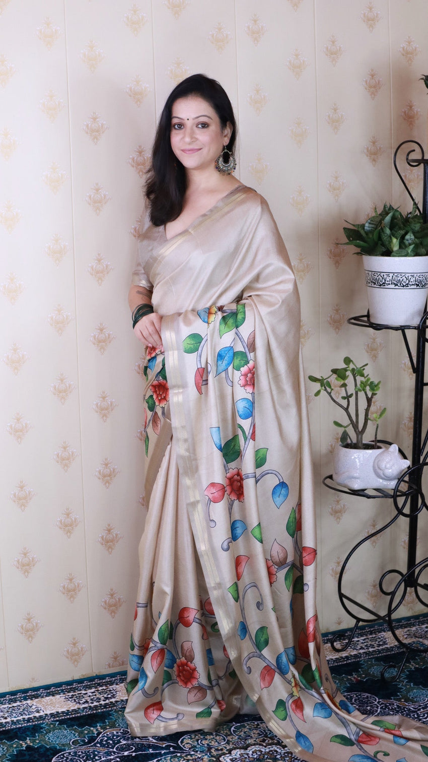 Cream soft tussar silk kalamkari unique printed zari woven saree