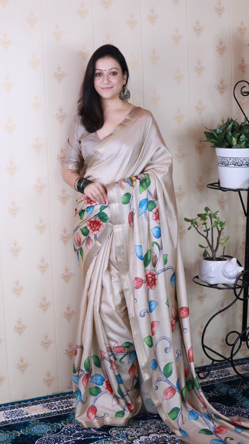 Cream soft tussar silk kalamkari unique printed zari woven saree
