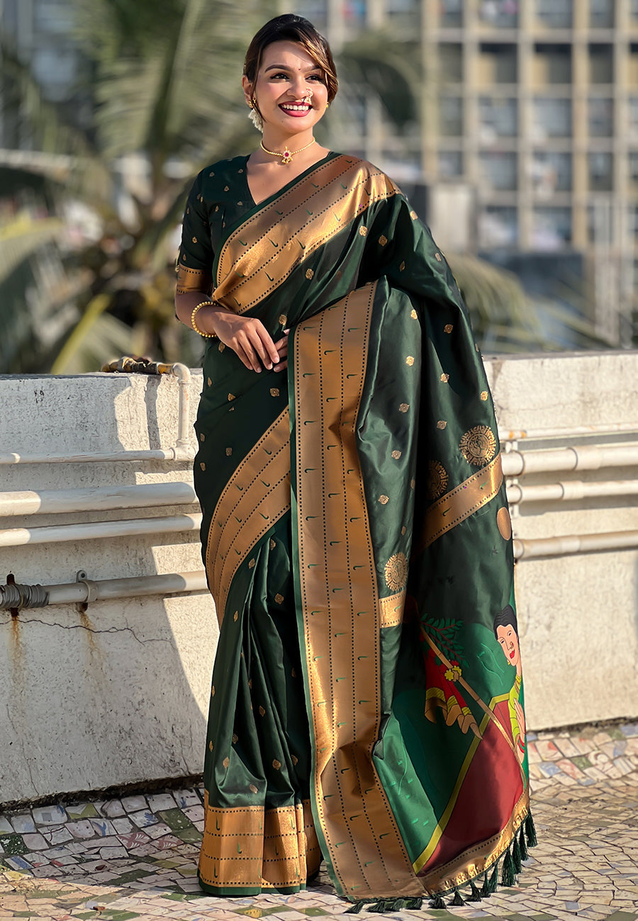 Bottle green zari woven gudi padwa special paithani silk saree