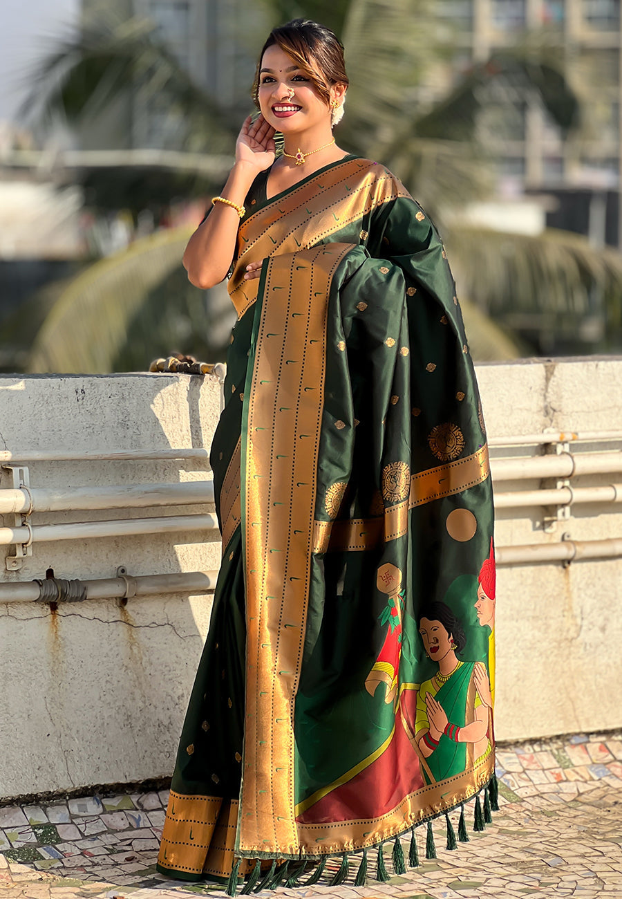 Bottle green zari woven gudi padwa special paithani silk saree