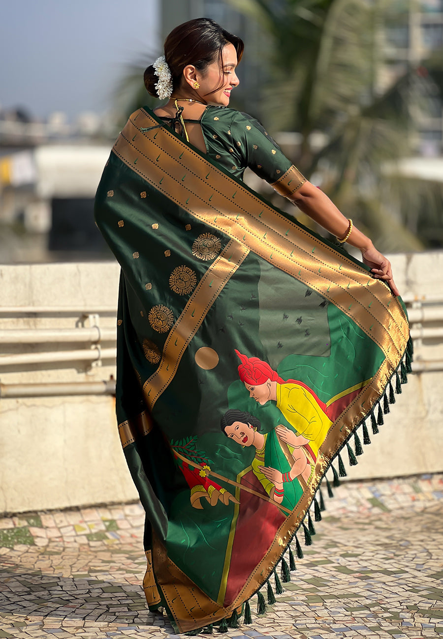 Bottle green zari woven gudi padwa special paithani silk saree