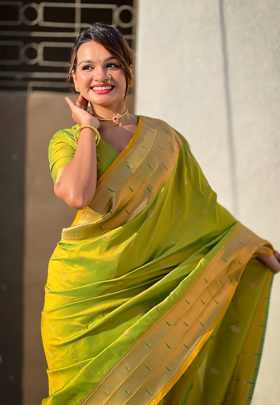 Mehendi green zari woven gudi padwa special paithani silk saree