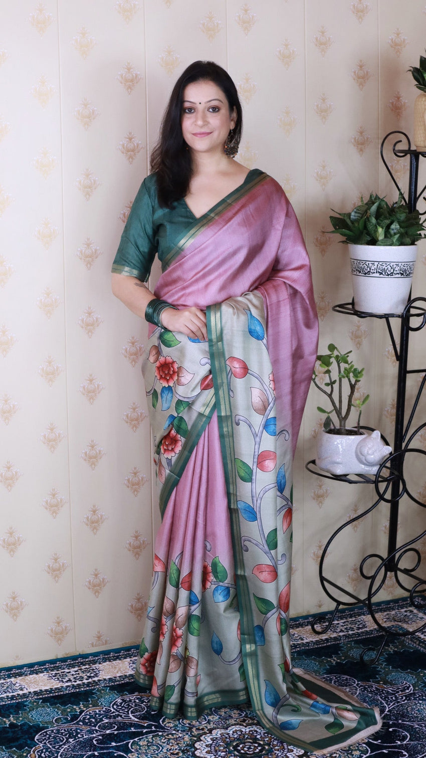 Coral pink soft tussar silk kalamkari unique printed zari woven saree