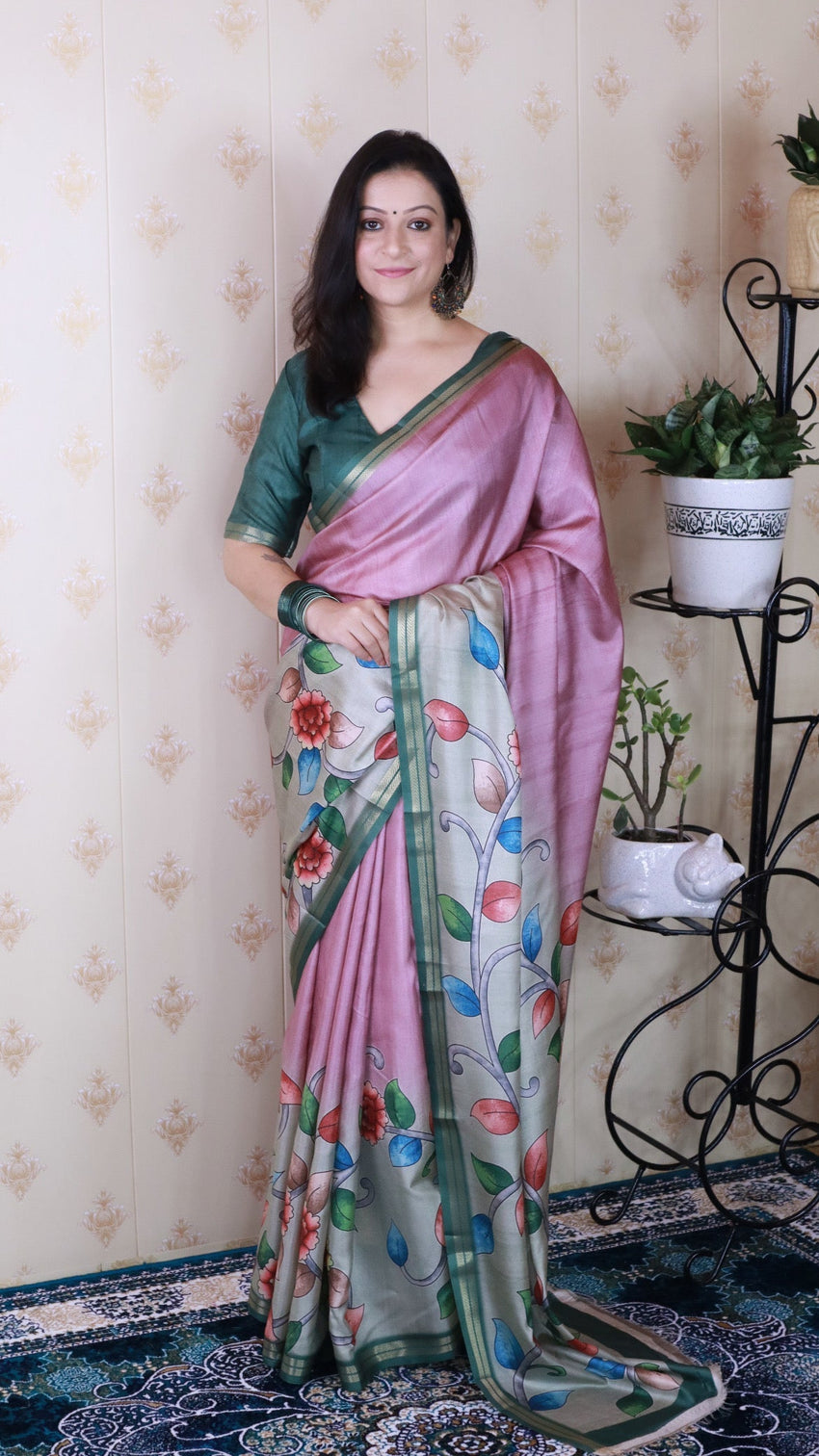 Coral pink soft tussar silk kalamkari unique printed zari woven saree