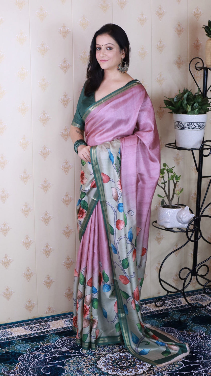 Coral pink soft tussar silk kalamkari unique printed zari woven saree