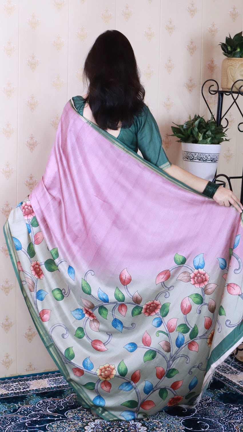 Coral pink soft tussar silk kalamkari unique printed zari woven saree