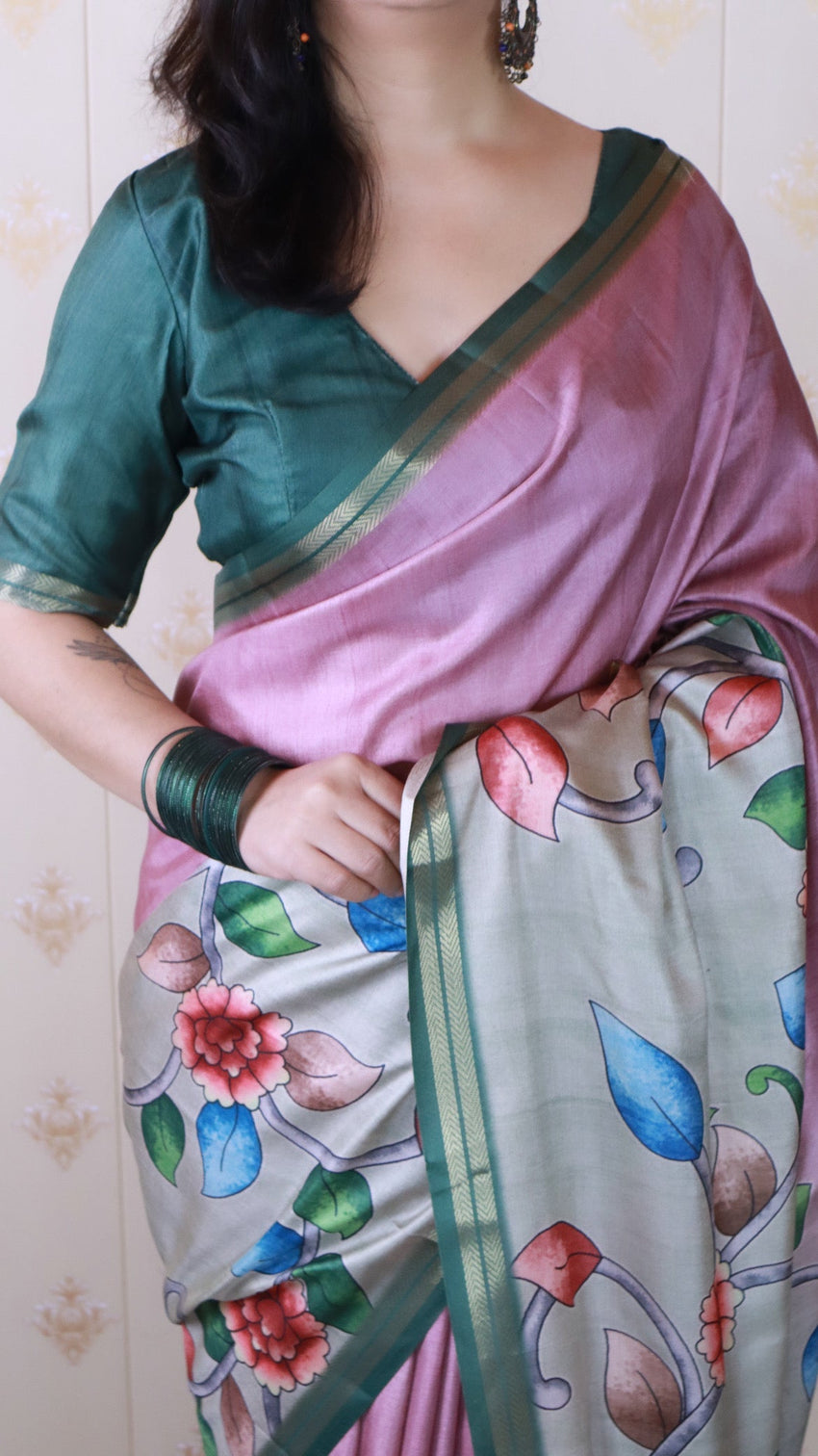 Coral pink soft tussar silk kalamkari unique printed zari woven saree