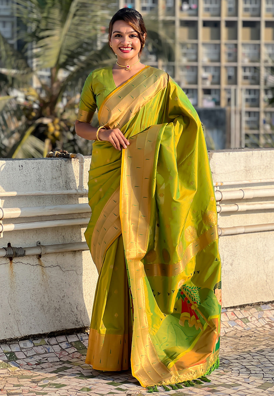 Mehendi green zari woven gudi padwa special paithani silk saree