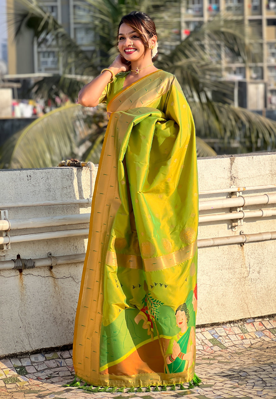 Mehendi green zari woven gudi padwa special paithani silk saree