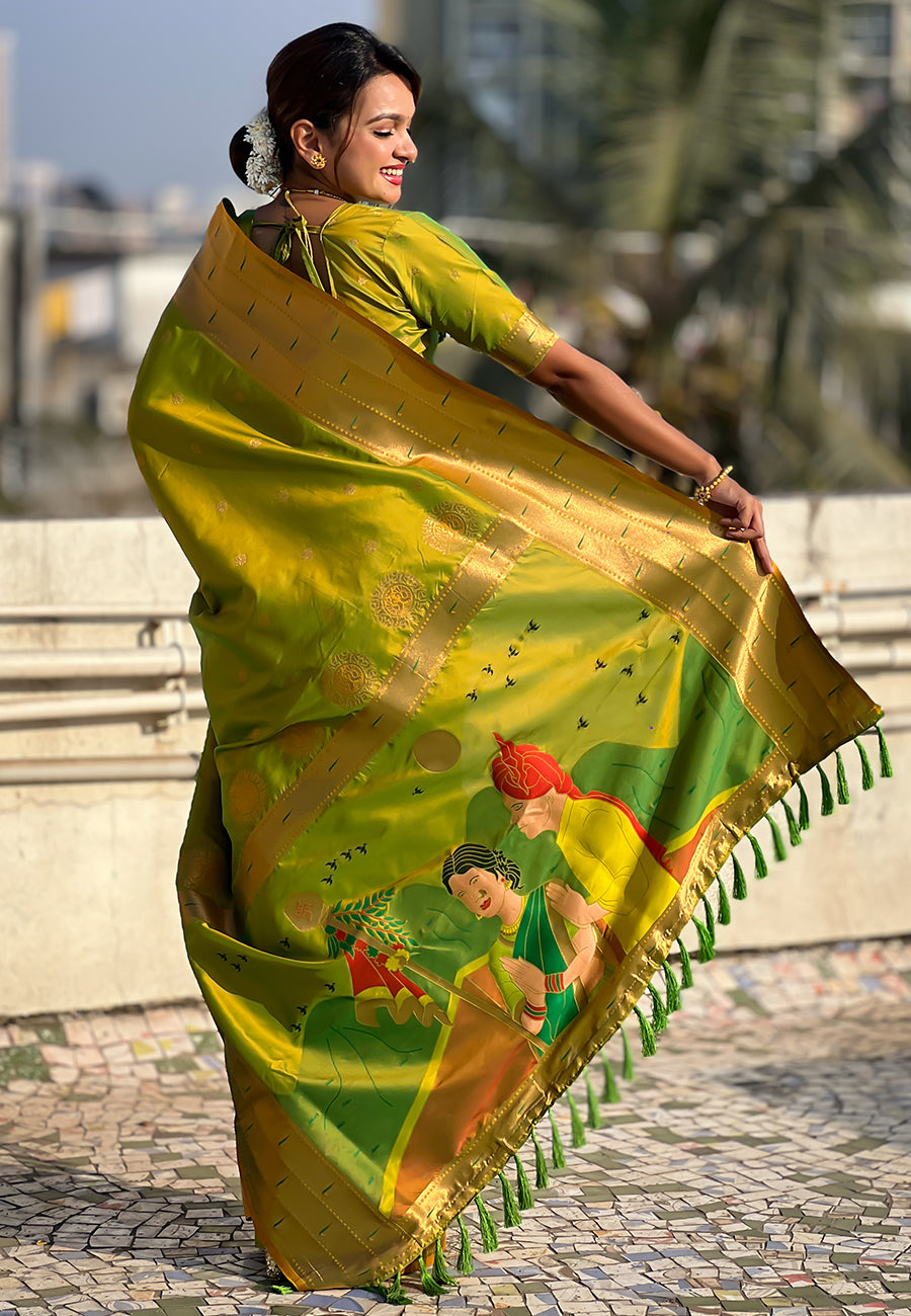 Mehendi green zari woven gudi padwa special paithani silk saree